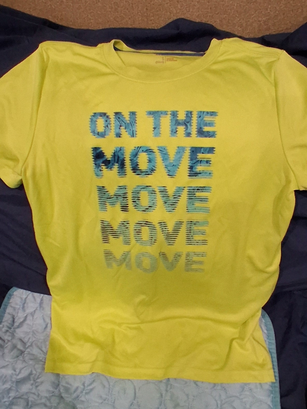 bcg Neon Yellow Short Sleeve Tee with Blue 'ON THE MOVE' Graphic